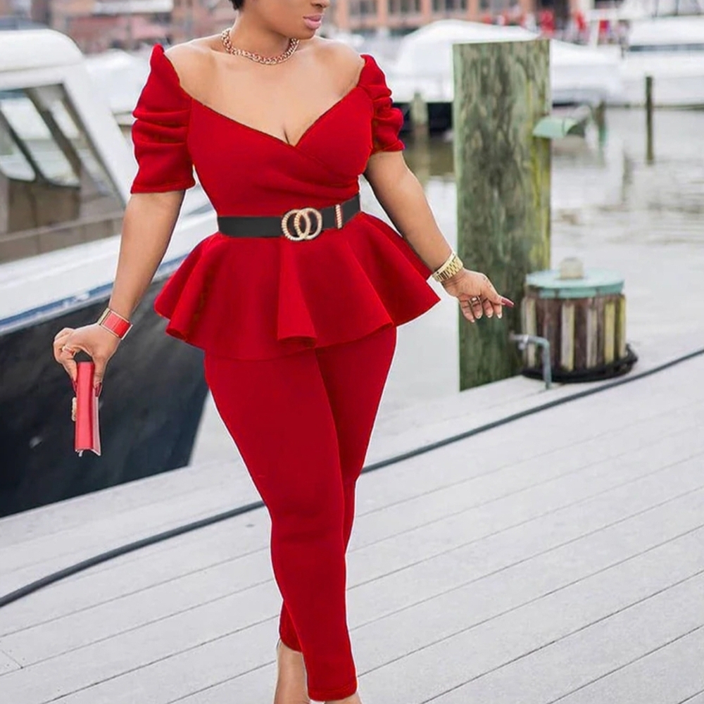New Elegant Red Women's 2pc Peplum Set